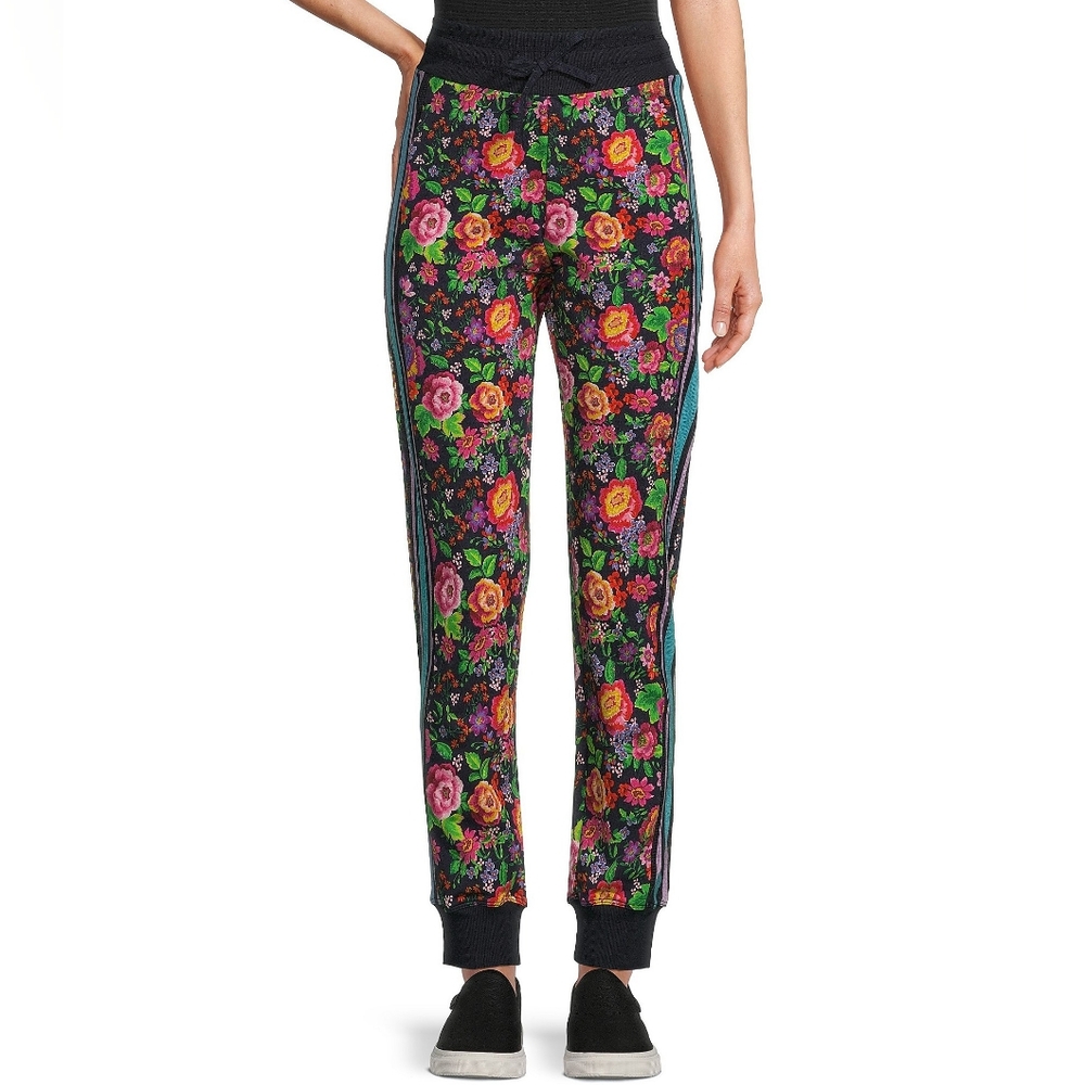 Johnny Was Black Floral Track Joggers with Pink, Yellow and Green Accents